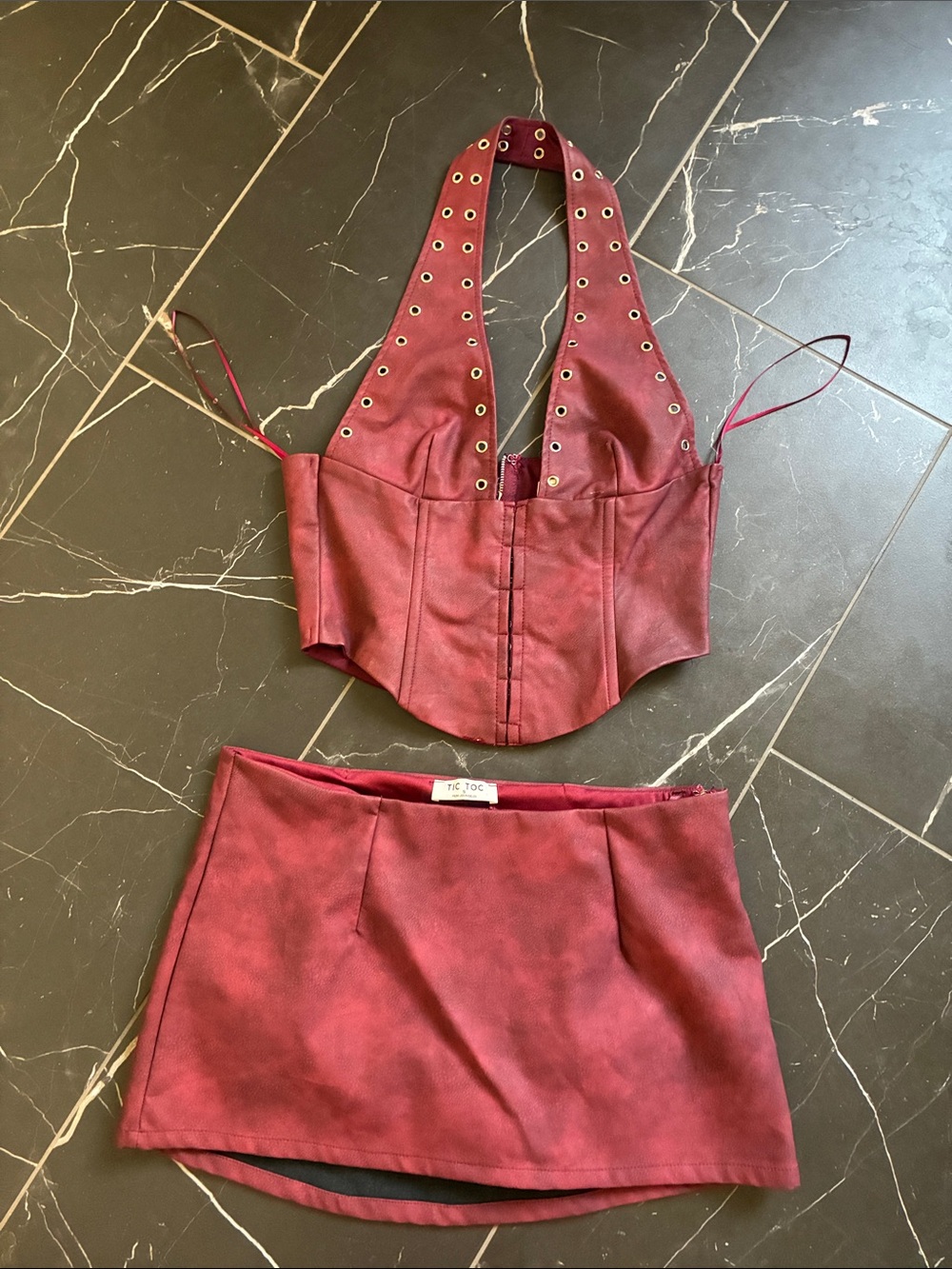 Wine Red Faux Leather Halter Corset Top and Mini Skirt Set by TIC TOC